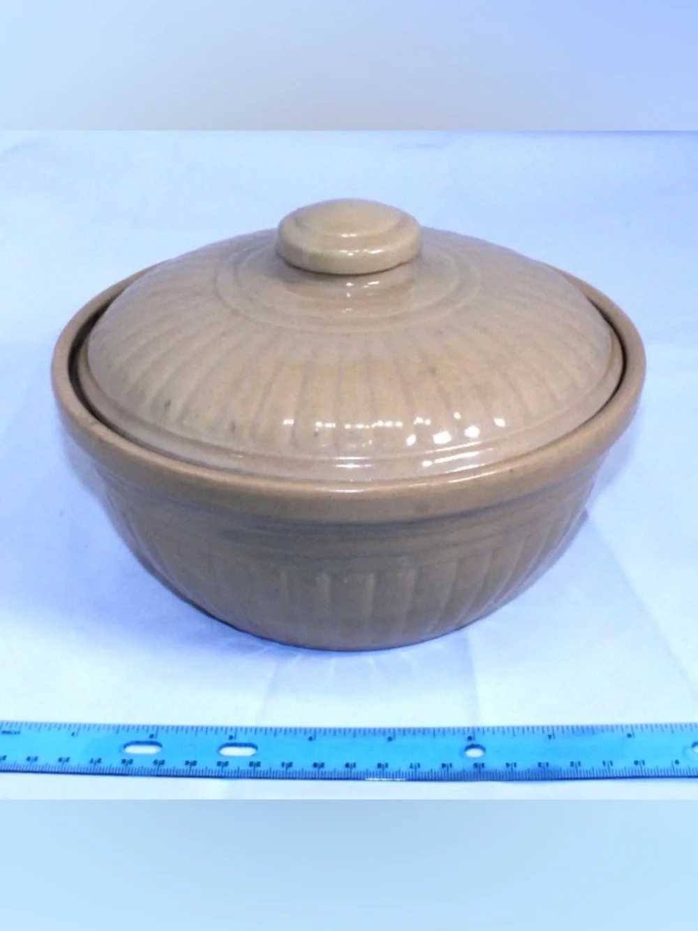 Vintage USA Ribbed Stoneware Covered Dish